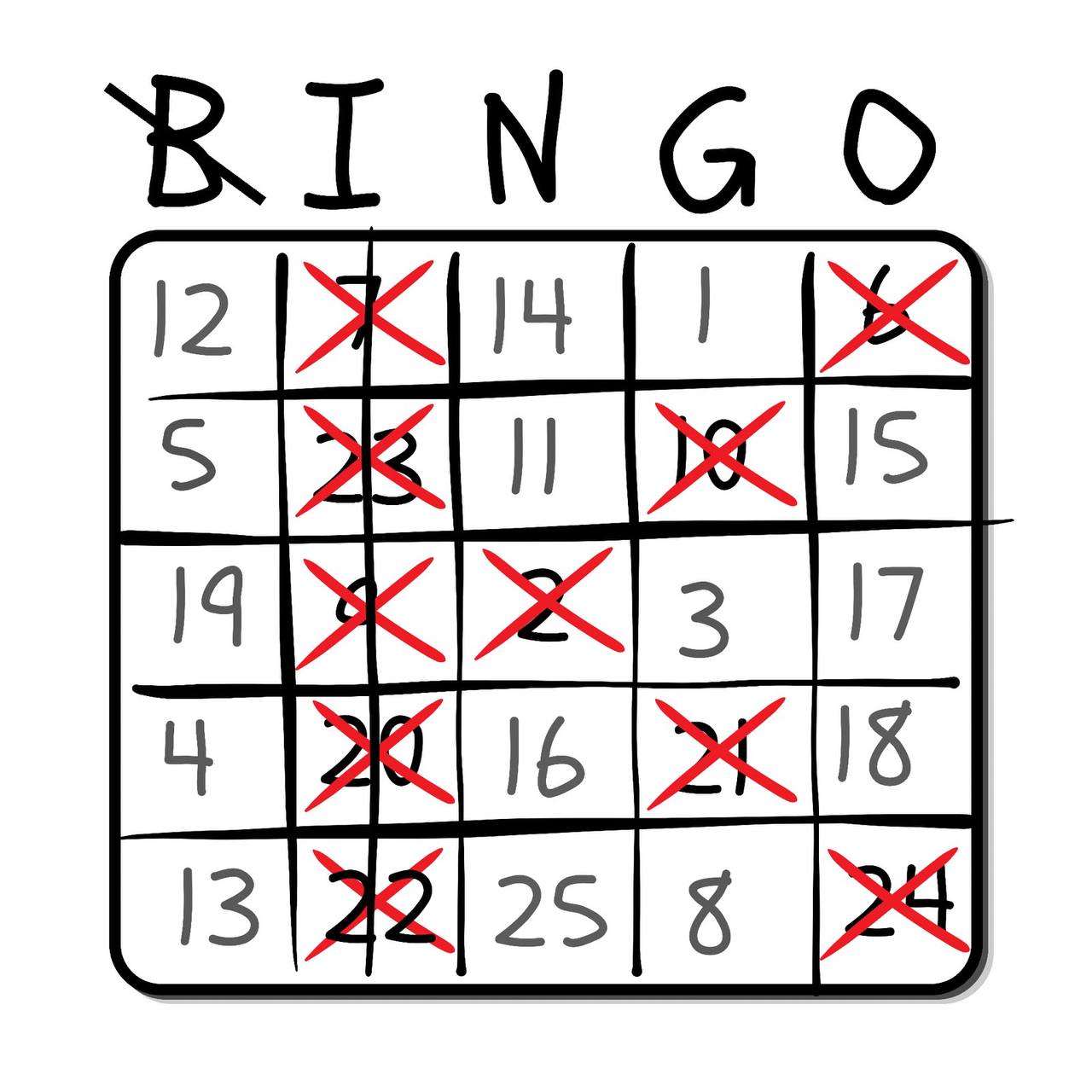 Bingo by Keybotivated — hand-drawn bingo card showing the classic 5×5 grid with numbers crossed off in red