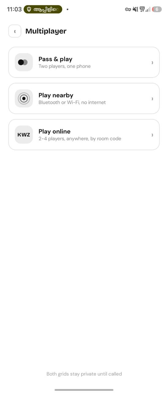 Multiplayer menu in Bingo by Keybotivated showing Pass and play, Play nearby, and Play online
